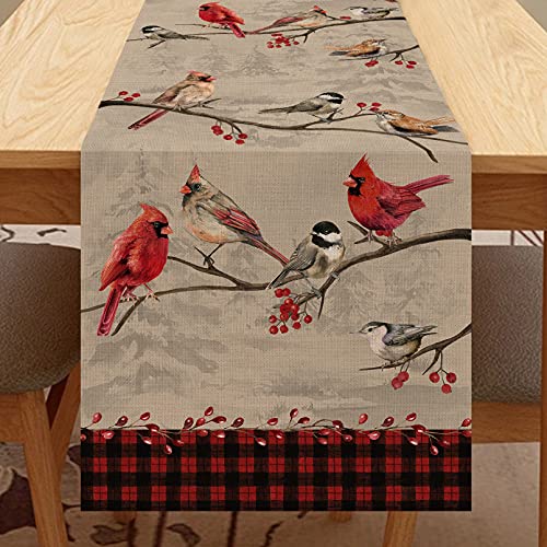 Vintage Bird Branch Table Runner - 13 x 72 Inches Winter Cardinal & Chickadee Berry