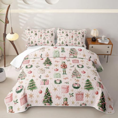 Manfei Quilted Bedspread Set Queen Size 3 Pieces Pink Green - Includes 1 Quilt & 2 Pillowcases