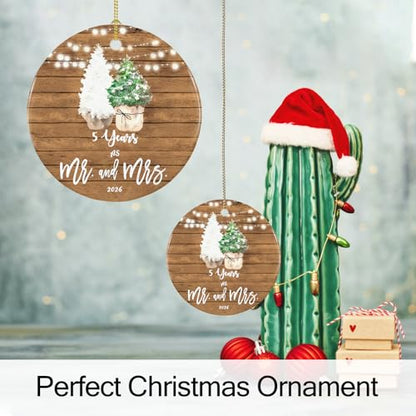 5th Anniversary Ornament for Couple - 5 Year Wedding Keepsake Gift - Mr & Mrs Decor - 2.9 Inch Ceramic Decoration - Gold Hanging String - 2026