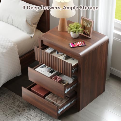 Nightstand Set of 2 Walnut Fluted End Tables with 3 Drawers - 20 Inch Mid-Century Living Room Bed Side Tables