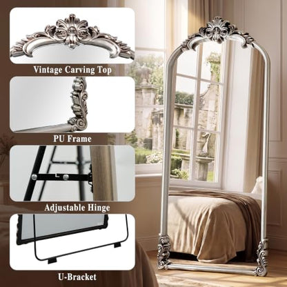 Vintage Arched Floor Mirror 28x69 Inches with Stand - Antique Silver Finish