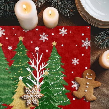 Christmas Tree Placemats Set of 4 - Red with Snowflakes & Christmas Tree Design