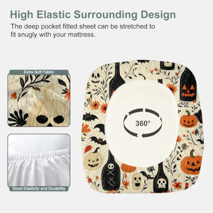 Halloween Fitted Bed Sheet King with Gothic Pumpkin Skull Bats Pattern - Ghost Bottle Pumpkin Variation