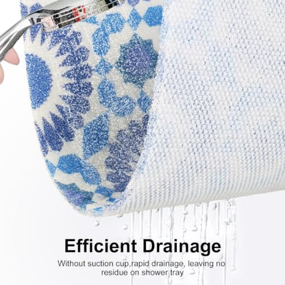 Blue Pattern Square Shower Mat Non Slip 24x24 Inch with Drain Hole - Loofah Surface