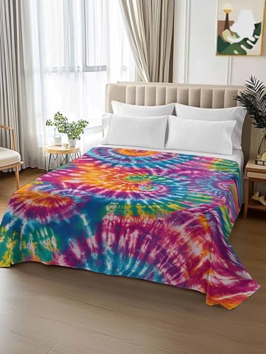 Colorful Tie-Dye Flat Sheet Full Size Ethnic Style Microfiber Bedding - Emerald Green, Light Purple & Orange