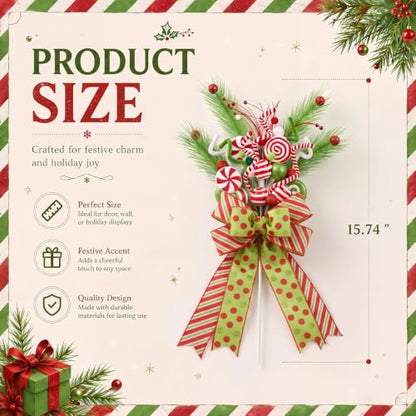 Christmas Tree Topper Set - Red & Green Whimsical Holiday Decor with Bow and Candy Canes - Novelty