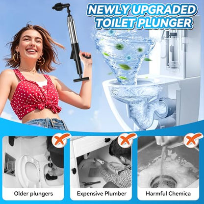 EXPBSYOU Black High Pressure Toilet Plunger with Visual Barometer - Stainless Steel Air Drain Blaster for Clogged Toilets and Drains