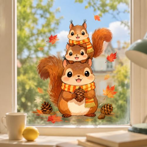 Fall Static Window Clings Cute Squirrel Maple Leaf Pinecone Thanksgiving Decor - Colorful 3