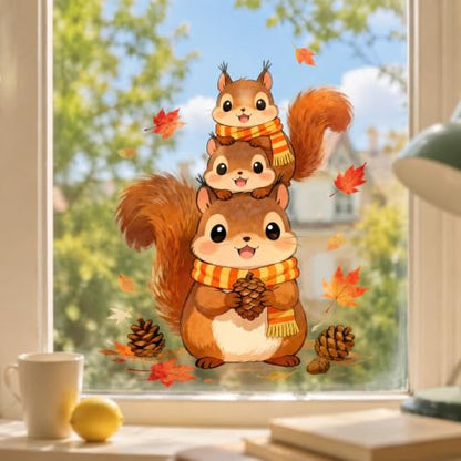 Fall Static Window Clings Cute Squirrel Maple Leaf Pinecone Thanksgiving Decor - Colorful 3