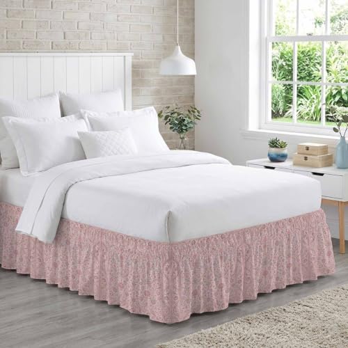 Pink Floral Boho King Size Bed Skirt 16 Inch Drop Adjustable Elastic Dust Ruffle