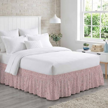 Pink Floral Boho King Size Bed Skirt 16 Inch Drop Adjustable Elastic Dust Ruffle