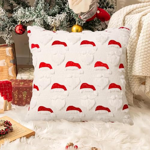Christmas Santa Pillow Cover Set of 2 - 18x18 Inch Faux Fur & Embroidery Holiday Decor