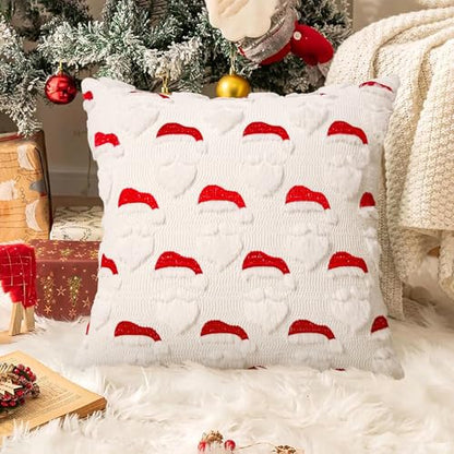 Christmas Santa Pillow Cover Set of 2 - 18x18 Inch Faux Fur & Embroidery Holiday Decor