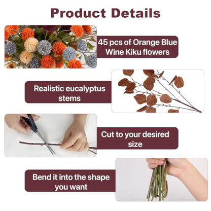 Artificial Fall Flowers Bouquet with Eucalyptus - Blue, Wine & Orange Variation