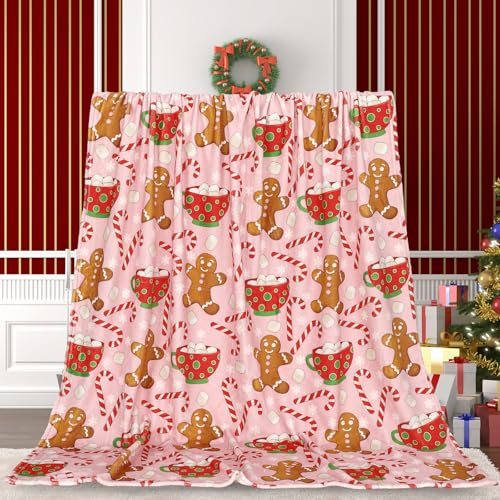 Pink Christmas Fuzzy Blanket Gingerbread Man & Candy Cane Throw 50x60 Inches