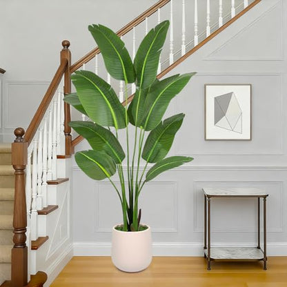 Bird of Paradise Artificial Plant 5ft Tall with White Planter - Fake Tropical Tree for Indoor Decor