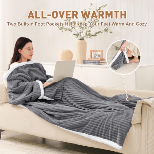 Grey Wearable Heated Blanket with Foot Pocket & Sleeves - Long