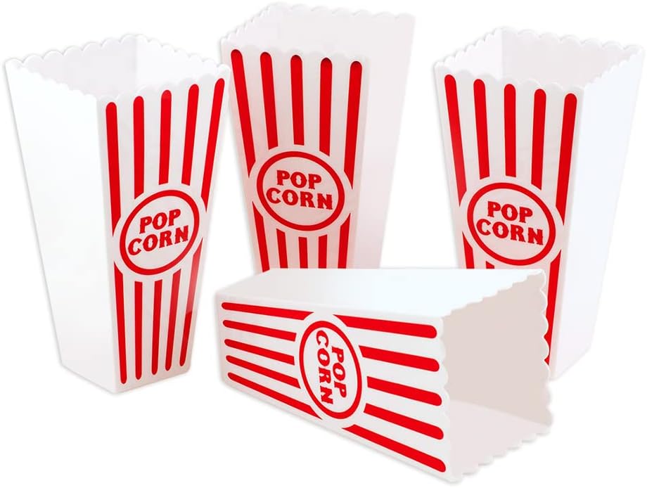 Novelty Place Classic Red & White Striped Popcorn Containers - 7.8 Inch Tall x 3.8 Inch Square (4 Pack)