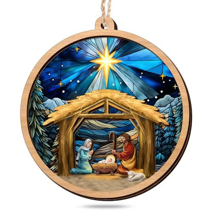 Nativity Scene Wooden Christmas Ornament - Faith Holiday Decor - Religious Gift