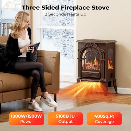 Electric Fireplace Stove with 3D Flame and Thermostat - Brown, 22 Inch
