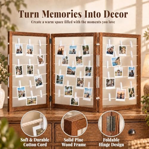 54x24 Inch Wood Photo Hanging Boards with Clips - 3-Panel Rustic Display