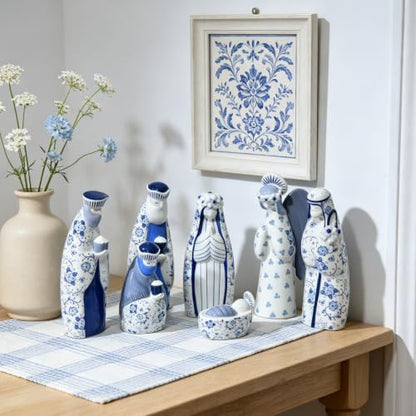 Chinoiserie Ceramic Nativity Set - Blue and White 7-Piece, 6 Inch Decorative Holiday Figurines
