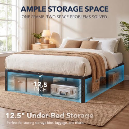 Black Queen Bed Frame with Storage, Metal Platform, Noise-Free Support