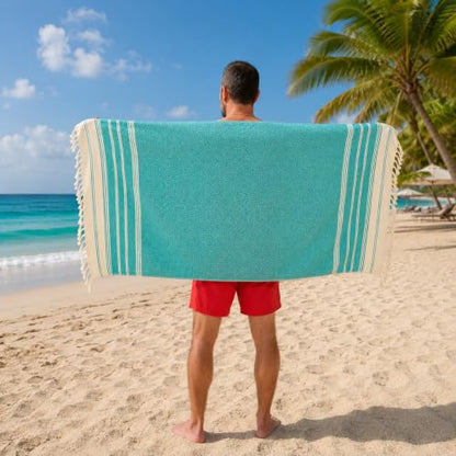Oversized Turkish Cotton Beach Towel - Quick Dry Sand-Resistant Travel & Pool Towel, Aqua Blue 39 x 71 inches