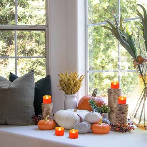 12 Pack Orange Tea Lights Battery Operated, Flameless Flickering Halloween LED Votive Tealight Candle, Outdoor Battery Flicker Electric Fake Candles Bulk for Pumpkin Christmas Fall Decorations