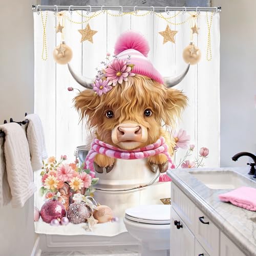 Christmas Highland Cow Shower Curtain Set Pink 72x72 Inches with Hooks - Merry Xmas Farmhouse Bathroom Decor