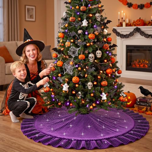 Purple Ruffled Velvet Christmas Tree Skirt - 36 Inch Diameter