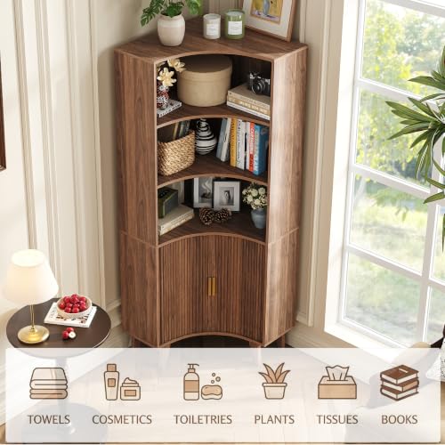 Tall Corner Cabinet with Fluted Doors - Walnut Oak-1 5-Tier Storage