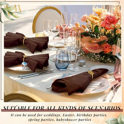 Chocolate Brown Cloth Napkin Set with Gold Ring Holders - 12 Pack, 17x17 Inches, Washable Table Decor for Weddings & Holidays