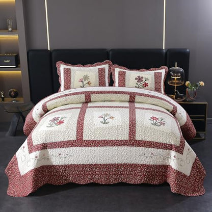 Red Floral Embroidered Cotton Quilt Set with Pillow Shams - Queen