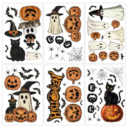 Halloween Window Clings Stickers Set - Ghost, Pumpkin, Bat & Spider Web - Style 14
