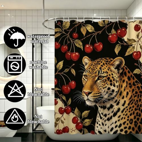 4-Piece Cherry Cheetah Bathroom Curtain Set with Rug and Accessories