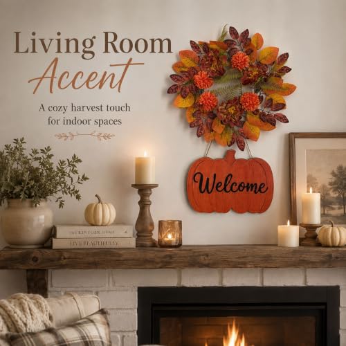 Fall Wreath with Pumpkin Welcome Sign for Front Door - Autumn Harvest Decor