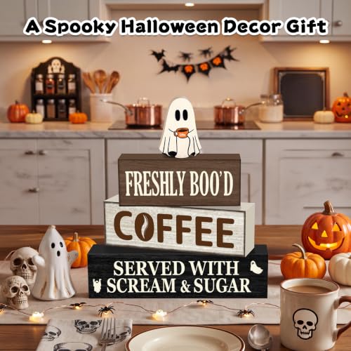 Oat Halloween Wooden Coffee Decor Set - Ghost & Slogan Farmhouse Holiday Decorations