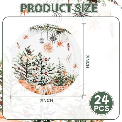 24 Pcs Christmas Holiday Dessert Plates Xmas Trees Holly Pine Cone Design
