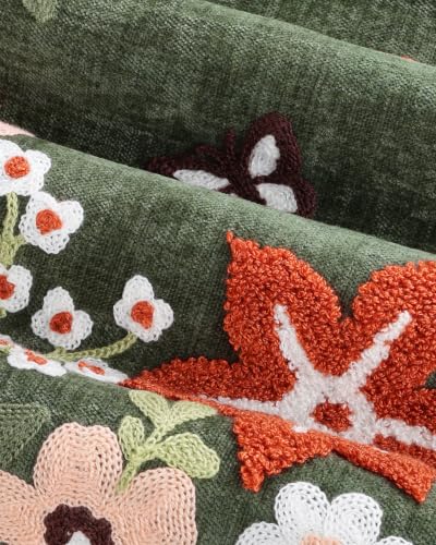 Embroidered Chenille Throw Pillow Cover 18x18 Inch - Green Garden - Pack of 1