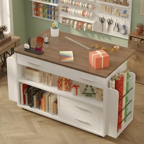 White Gift Wrap Storage Cart with Foldable Drop Leaf and Craft Organizer