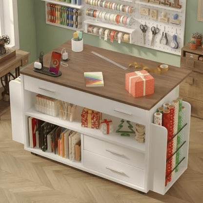 White Gift Wrap Storage Cart with Foldable Drop Leaf and Craft Organizer
