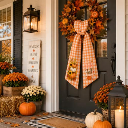Fall Wreath Sash for Front Door - Orange and White Plaid Satin Decor - Variation of THIS listing