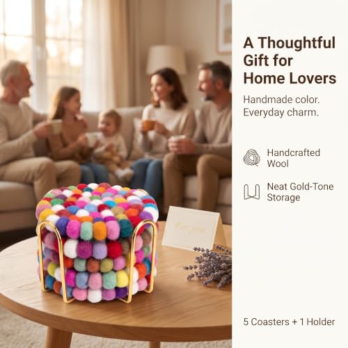 Multicolor Wool Felt Coasters with Holder - 5 Pack Round Handmade Drink Protectors