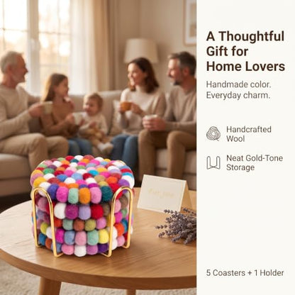 Multicolor Wool Felt Coasters with Holder - 5 Pack Round Handmade Drink Protectors