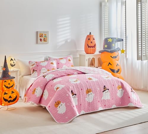 Halloween Ghost Quilt Set Queen - Pink & White Bedspread Coverlet 3-Piece