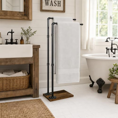 40 Inch Freestanding Towel Rack Bathroom Organizer Rustic Industrial Metal Wood