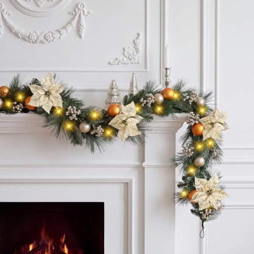 6ft Christmas Garland with Lights - Natural Pine Branches, Berries & Poinsettias - Style3