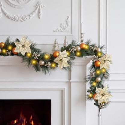 6ft Christmas Garland with Lights - Natural Pine Branches, Berries & Poinsettias - Style3