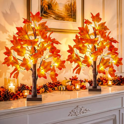 OLANRUN 2 Pack 24-Inch Lighted Fall Maple Trees with 48 LED Warm Lights & Leaves
